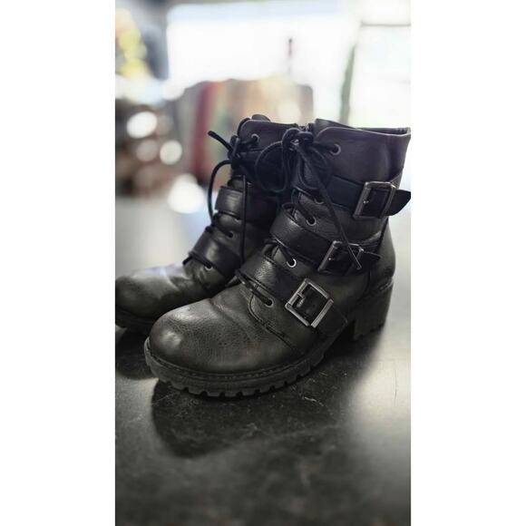 BOC Born Concept Black Buckle Combat Boots Side Zip 8.5M - Picture 1 of 7